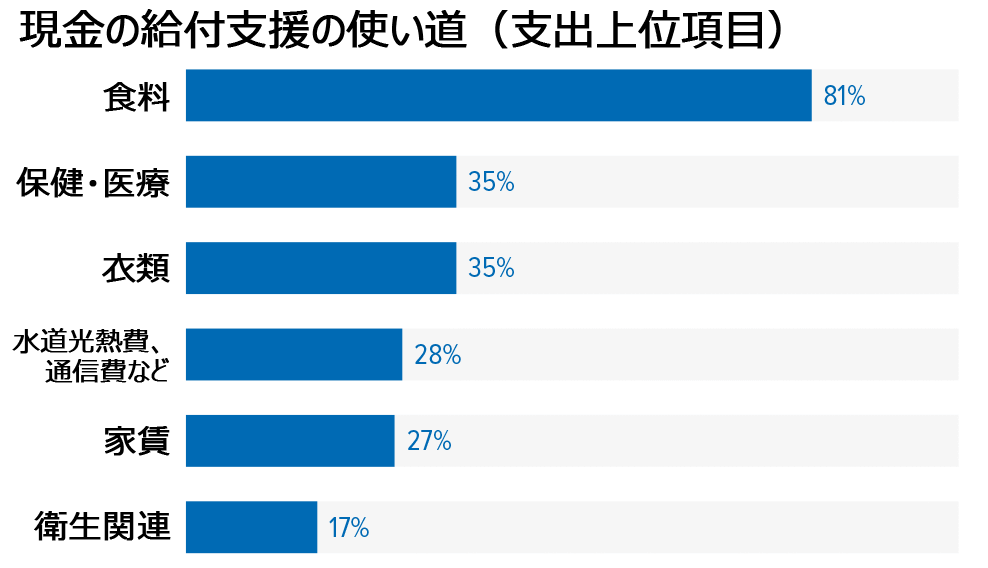 現金の給付支援の使い道（支出上位項目）食料81％ 保健・医療35％ 衣類35％ 水道光熱費、通信費など28％ 家賃27％ 衛生関連17％